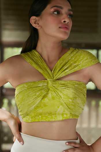 Buy_Ankita Dharman_Green Viscose, Cotton Crew Neck Spring Printed Twist Crop Top_Online_at_Aza_Fashions