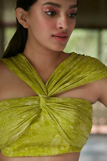 Shop_Ankita Dharman_Green Viscose, Cotton Crew Neck Spring Printed Twist Crop Top_Online_at_Aza_Fashions
