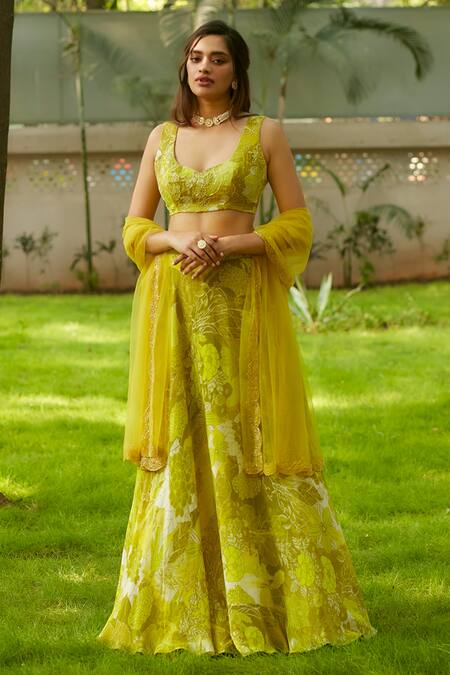 Ankita Dharman Yellow 100% Viscose Natural Crepe Printed Botanical Leaf Tuscany Lehenga Set 