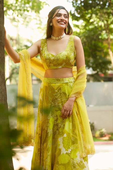 Ankita Dharman_Yellow Viscose Cut Work Asymmetric Tuscany Botanical Print Lehenga Set _Online_at_Aza_Fashions