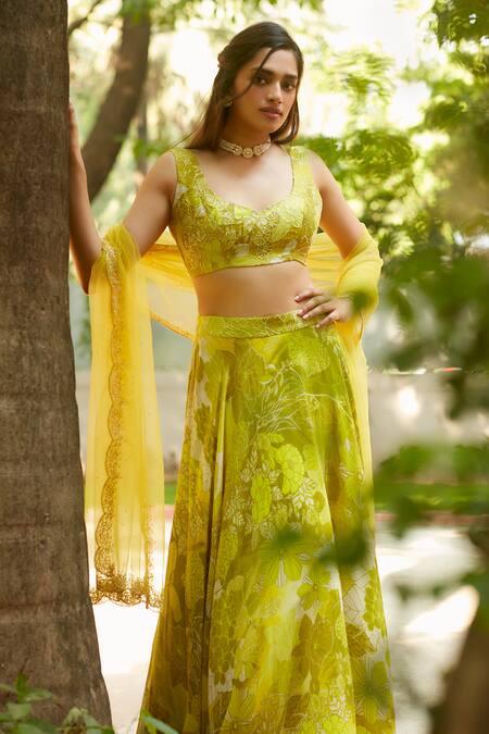 Buy_Ankita Dharman_Yellow Viscose Cut Work Asymmetric Tuscany Botanical Print Lehenga Set _Online_at_Aza_Fashions