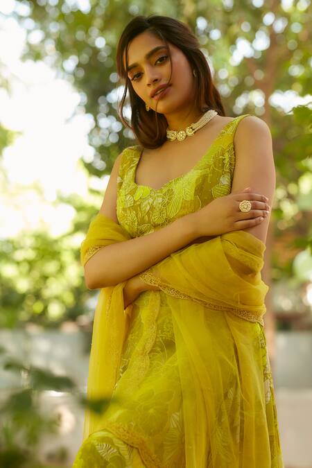 Shop_Ankita Dharman_Yellow Viscose Cut Work Asymmetric Tuscany Botanical Print Lehenga Set _Online_at_Aza_Fashions