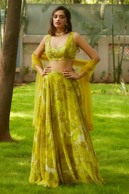 Ankita Dharman_Yellow Viscose Cut Work Asymmetric Tuscany Botanical Print Lehenga Set _at_Aza_Fashions