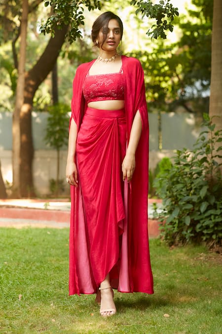 Buy_Ankita Dharman_Magenta 100% Viscose Natural Crepe Printed Floral Viva And Draped Skirt Set_Online_at_Aza_Fashions