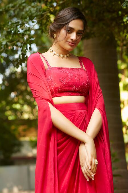 Shop_Ankita Dharman_Magenta 100% Viscose Natural Crepe Printed Floral Viva And Draped Skirt Set_Online_at_Aza_Fashions