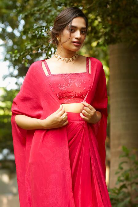Ankita Dharman_Magenta 100% Viscose Natural Crepe Printed Floral Viva And Draped Skirt Set_at_Aza_Fashions