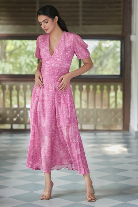 Ankita Dharman_Pink Viscose, Cotton V-neck Ash Rose Geometric Print Dress _Online_at_Aza_Fashions