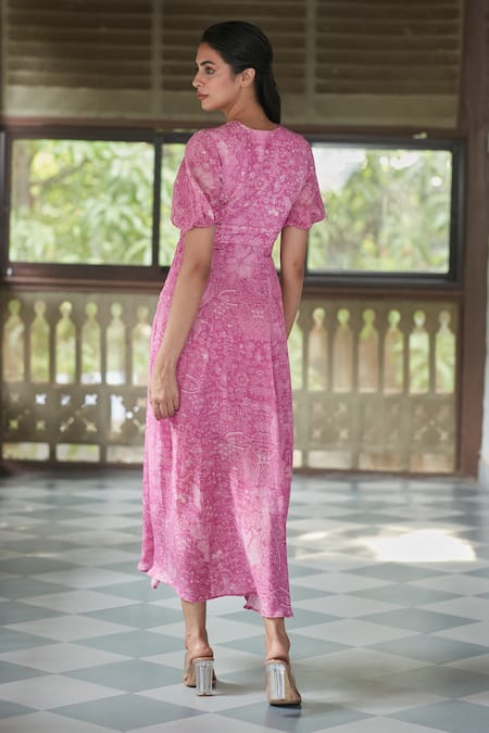 Buy_Ankita Dharman_Pink Viscose, Cotton V-neck Ash Rose Geometric Print Dress _Online_at_Aza_Fashions