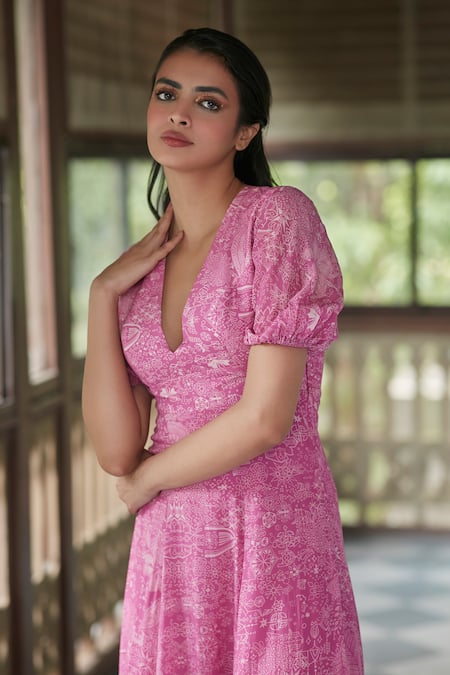 Shop_Ankita Dharman_Pink Viscose, Cotton V-neck Ash Rose Geometric Print Dress _Online_at_Aza_Fashions