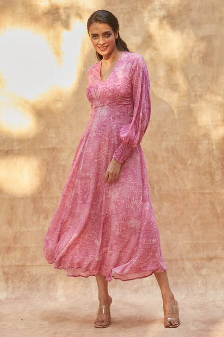 Ankita Dharman_Pink Viscose, Cotton V-neck Ash Rose Geometric Print Dress _Online_at_Aza_Fashions