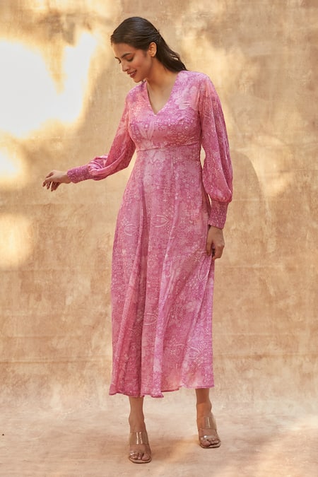 Buy_Ankita Dharman_Pink Viscose, Cotton V-neck Ash Rose Geometric Print Dress _Online_at_Aza_Fashions
