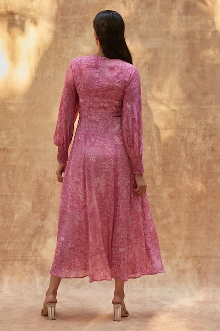 Shop_Ankita Dharman_Pink Viscose, Cotton V-neck Ash Rose Geometric Print Dress _Online_at_Aza_Fashions