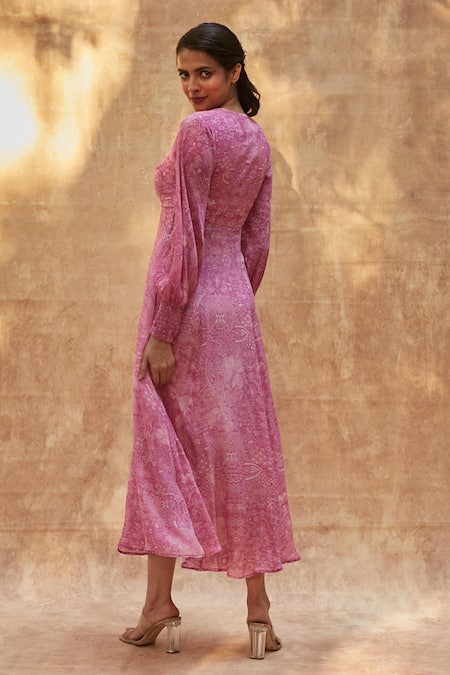 Ankita Dharman_Pink Viscose, Cotton V-neck Ash Rose Geometric Print Dress _at_Aza_Fashions