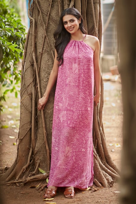 Ankita Dharman Pink 100% Viscose Natural Crepe Printed Floral Round Ash Rose Tent Dress 