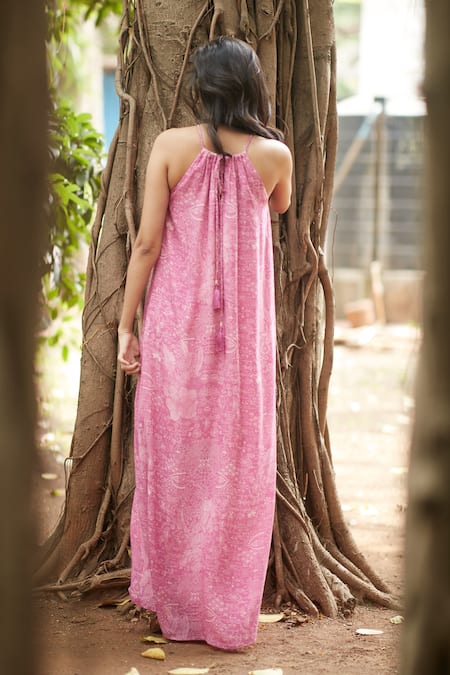 Shop Ankita Dharman Pink Viscose, Cotton Round Neck Ash Rose Floral Print Tent Dress at Aza Fashions Shop_Ankita Dharman_Pink Viscose, Cotton Round Neck Ash Rose Floral Print Tent Dress_at_Aza_Fashions