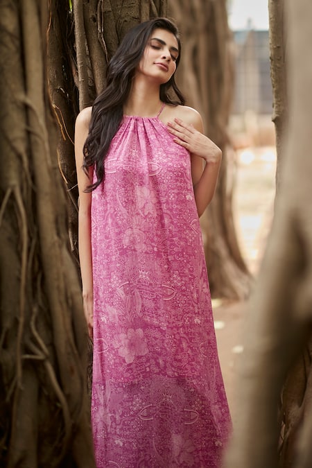Buy Ankita Dharman Pink Viscose, Cotton Round Neck Ash Rose Floral Print Tent Dress Online at Aza Fashions Buy_Ankita Dharman_Pink Viscose, Cotton Round Neck Ash Rose Floral Print Tent Dress_Online_at_Aza_Fashions