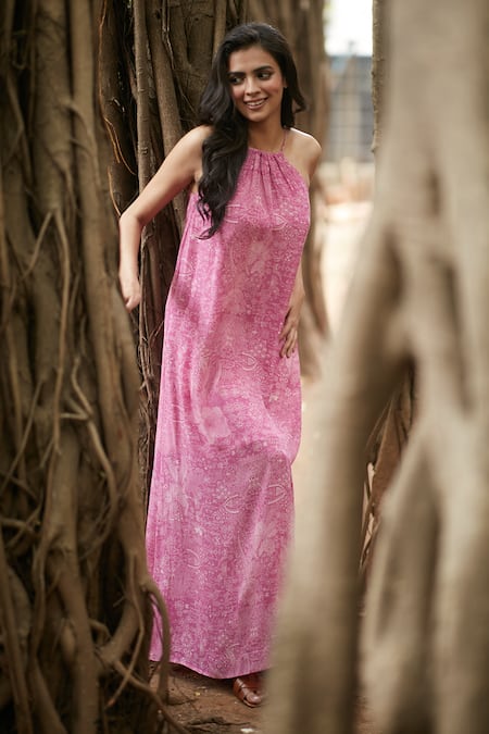 Shop Ankita Dharman Pink Viscose, Cotton Round Neck Ash Rose Floral Print Tent Dress Online at Aza Fashions Shop_Ankita Dharman_Pink Viscose, Cotton Round Neck Ash Rose Floral Print Tent Dress_Online_at_Aza_Fashions