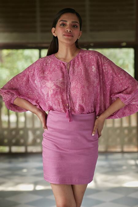 Buy_Ankita Dharman_Pink Viscose, Cotton Embroidery Round Neck Ash Rose Tie-up Top _Online_at_Aza_Fashions