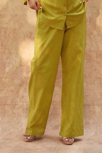 Ankita Dharman_Green Cotton, Linen Shawl Neck Avocado Shirt And Pant Set_Online_at_Aza_Fashions