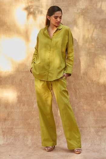 Buy_Ankita Dharman_Green Cotton, Linen Shawl Neck Avocado Shirt And Pant Set_Online_at_Aza_Fashions