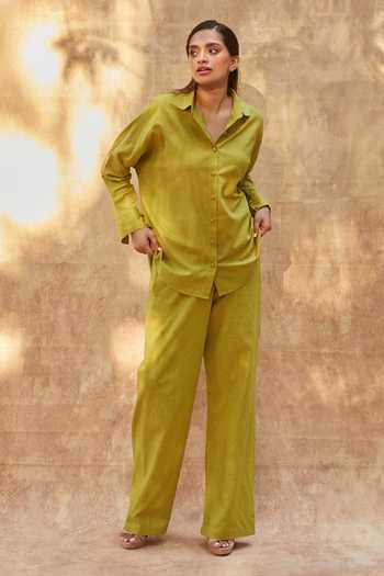 Shop_Ankita Dharman_Green Cotton, Linen Shawl Neck Avocado Shirt And Pant Set_Online_at_Aza_Fashions