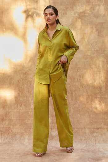 Ankita Dharman_Green Cotton, Linen Shawl Neck Avocado Shirt And Pant Set_at_Aza_Fashions