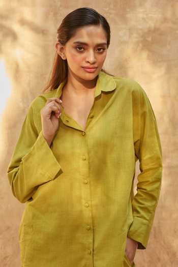 Buy_Ankita Dharman_Green Cotton, Linen Shawl Neck Avocado Shirt And Pant Set