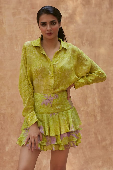 Ankita Dharman Green Cotton Linen Printed Floral Shirt Collar Drop Sleeve And Ruffle Skirt Set 