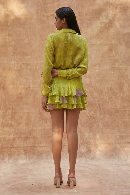Shop Ankita Dharman Green Cotton, Linen Embroidery Drop Sleeve Shirt And Ruffle Skirt Set at Aza Fashions Shop_Ankita Dharman_Green Cotton, Linen Embroidery Drop Sleeve Shirt And Ruffle Skirt Set_at_Aza_Fashions