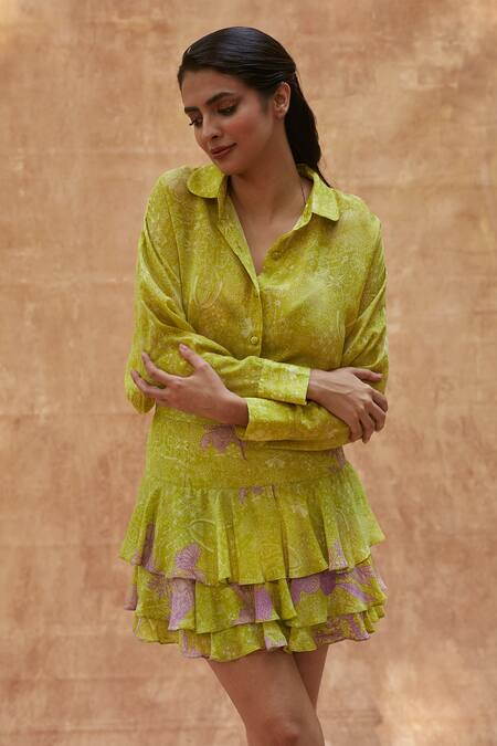 Buy Ankita Dharman Green Cotton, Linen Embroidery Drop Sleeve Shirt And Ruffle Skirt Set Online at Aza Fashions Buy_Ankita Dharman_Green Cotton, Linen Embroidery Drop Sleeve Shirt And Ruffle Skirt Set_Online_at_Aza_Fashions