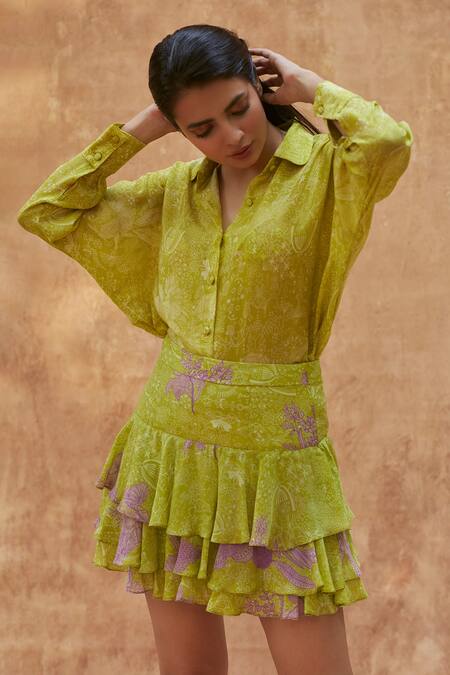 Shop Ankita Dharman Green Cotton, Linen Embroidery Drop Sleeve Shirt And Ruffle Skirt Set Online at Aza Fashions Shop_Ankita Dharman_Green Cotton, Linen Embroidery Drop Sleeve Shirt And Ruffle Skirt Set_Online_at_Aza_Fashions