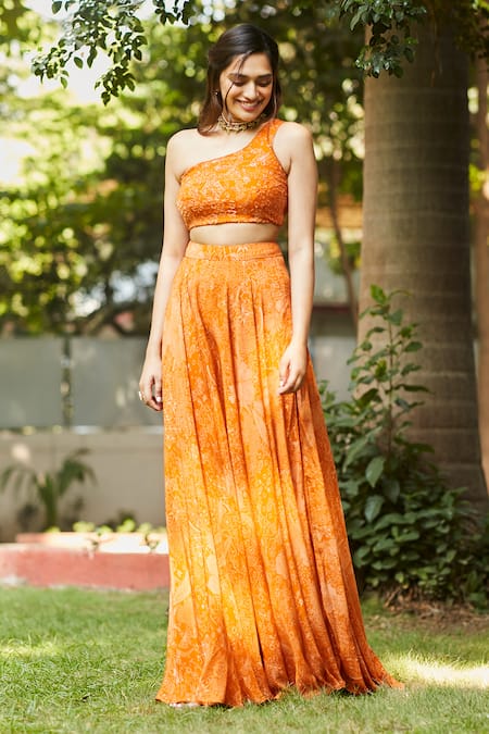 Ankita Dharman_Orange 100% Viscose Natural Crepe Printed Geometric Asymmetric Lehenga Set _Online_at_Aza_Fashions
