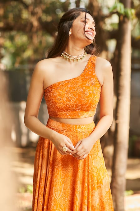 Shop_Ankita Dharman_Orange 100% Viscose Natural Crepe Printed Geometric Asymmetric Lehenga Set _Online_at_Aza_Fashions
