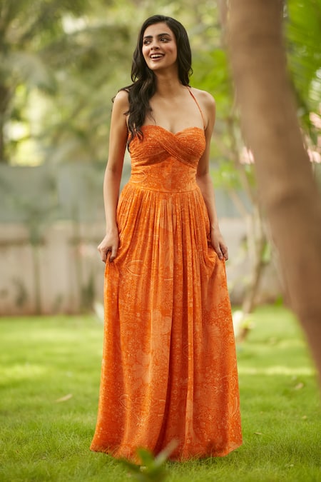 Ankita Dharman_Orange Viscose, Cotton Sweetheart Neck Flame Lily Maxi Dress _Online_at_Aza_Fashions