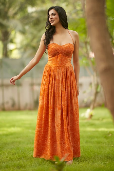 Buy_Ankita Dharman_Orange Viscose, Cotton Sweetheart Neck Flame Lily Maxi Dress _Online_at_Aza_Fashions