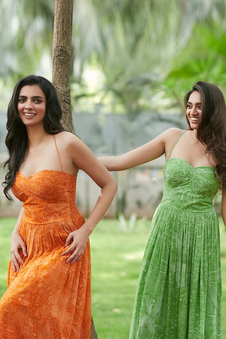 Shop_Ankita Dharman_Orange Viscose, Cotton Sweetheart Neck Flame Lily Maxi Dress _Online_at_Aza_Fashions