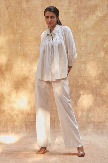 Brown Linen Shirt with Lace Detail and Pants Set – First Resort by Ramola  Bachchan