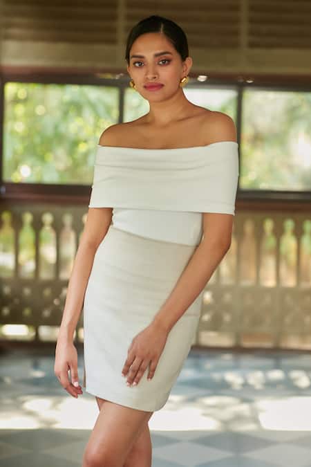 Shop_Ankita Dharman_White Jasmine Off Shoulder Bodysuit_Online_at_Aza_Fashions