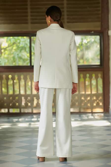 Shop_Ankita Dharman_White Cotton Jasmine Notched Lapel Collar Blazer And Pant Set_at_Aza_Fashions