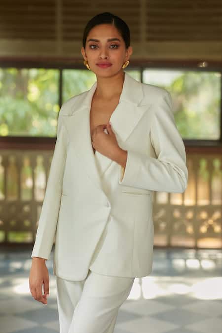 Shop_Ankita Dharman_White Cotton Jasmine Notched Lapel Collar Blazer And Pant Set