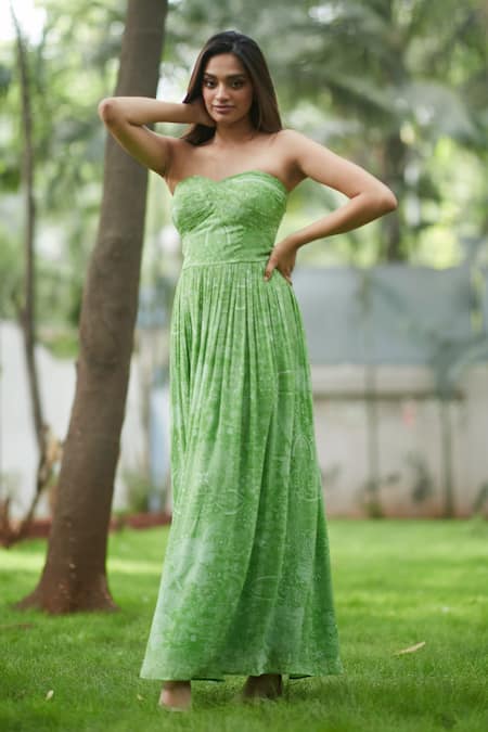 Buy_Ankita Dharman_Green Viscose, Cotton Off-shoulder Laurel Leaf Pattern Dress _Online_at_Aza_Fashions