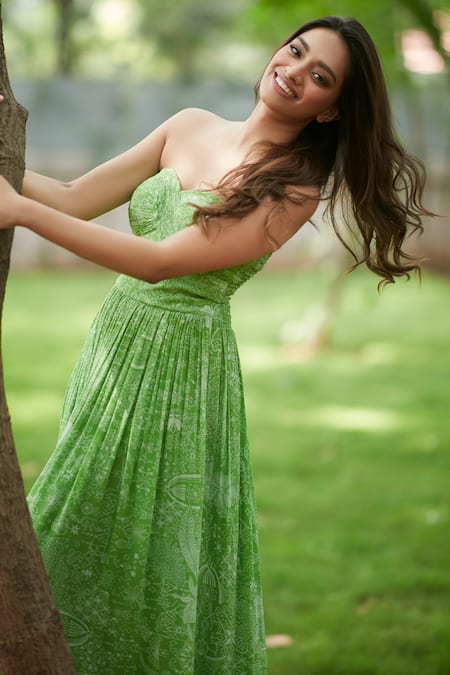 Shop_Ankita Dharman_Green Viscose, Cotton Off-shoulder Laurel Leaf Pattern Dress _Online_at_Aza_Fashions