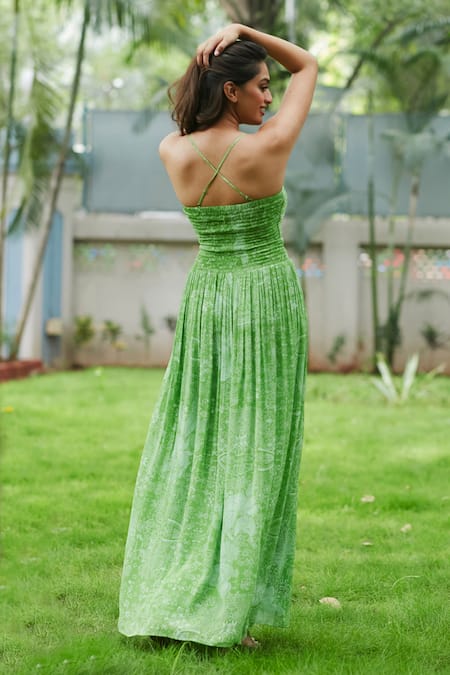 Shop_Ankita Dharman_Green Viscose, Cotton Off-shoulder Laurel Leaf Pattern Dress 