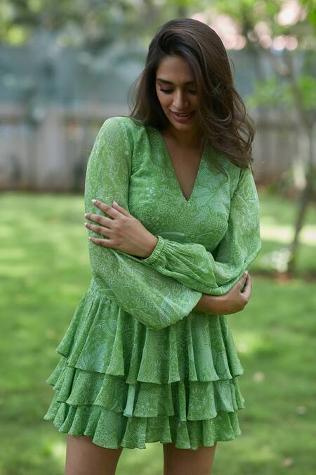 Ankita Dharman_Green Viscose, Cotton V-neck Laurel Leaf Pattern Ruffle Dress_at_Aza_Fashions