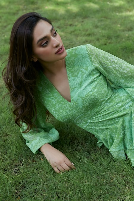 Buy_Ankita Dharman_Green Viscose, Cotton V-neck Laurel Leaf Pattern Ruffle Dress