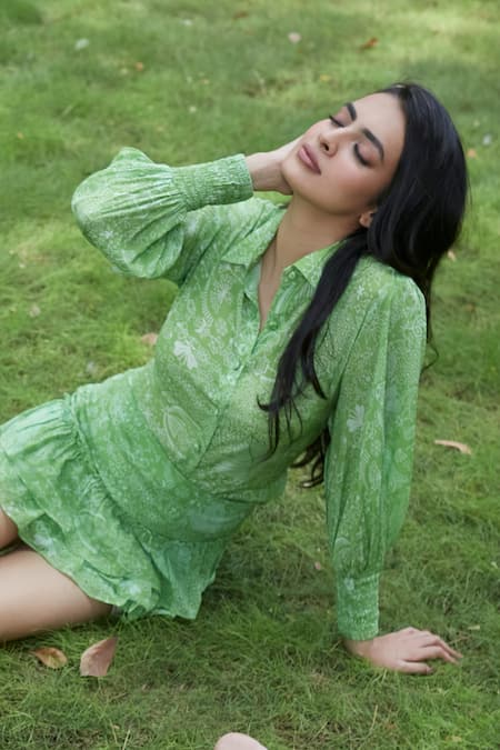 Ankita Dharman_Green Viscose Collared Laurel Leaf Pattern Shirt _at_Aza_Fashions