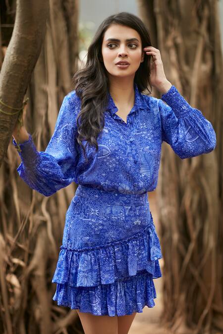 Shop Ankita Dharman Blue Viscose, Cotton Embroidery, Midnight Floral Pattern Shirt And Skirt Set Online at Aza Fashions Shop_Ankita Dharman_Blue Viscose, Cotton Embroidery, Midnight Floral Pattern Shirt And Skirt Set_Online_at_Aza_Fashions