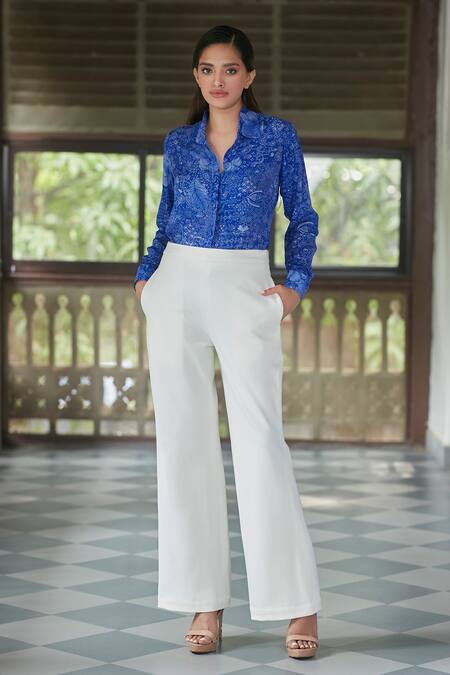 Ankita Dharman_Blue Viscose Collared Midnight Floral Pattern Shirt_Online_at_Aza_Fashions