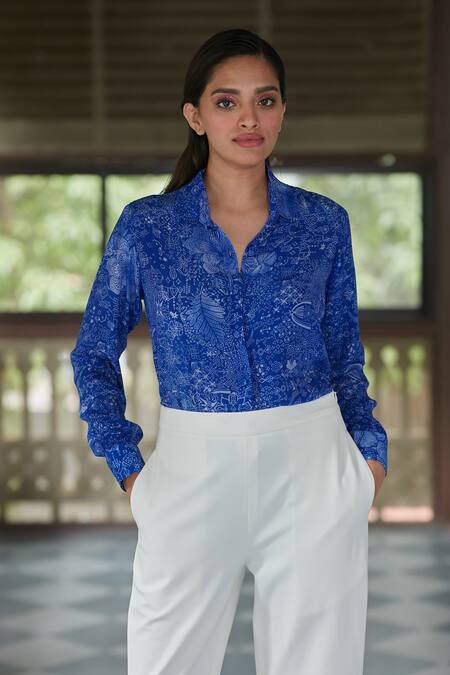 Buy_Ankita Dharman_Blue Viscose Collared Midnight Floral Pattern Shirt_Online_at_Aza_Fashions