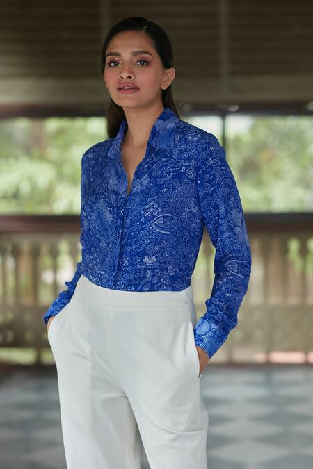 Shop_Ankita Dharman_Blue Viscose Collared Midnight Floral Pattern Shirt_Online_at_Aza_Fashions